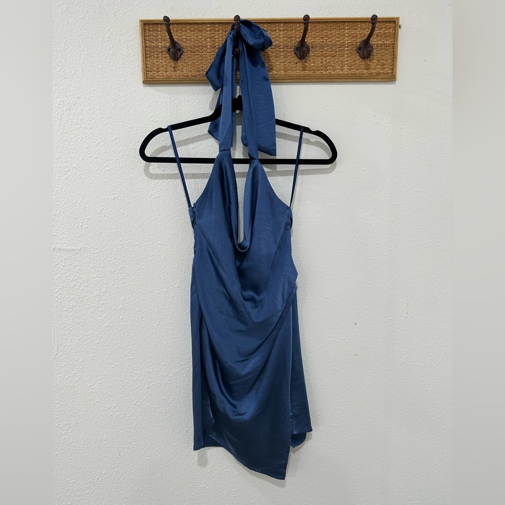 Cowl neck halter dress with twist back